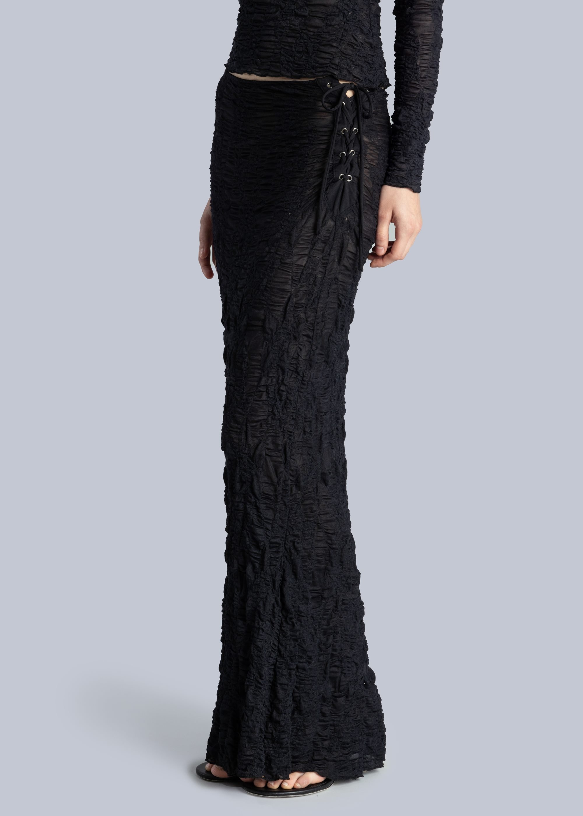 【MARRON EDITION】Black Satin Lace Long Skirt★韓国商品★ Jacquard Maxi Skirt • ESTHE