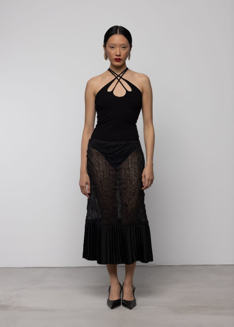 Sheer Crinkle Column Midi Skirt with Pleats