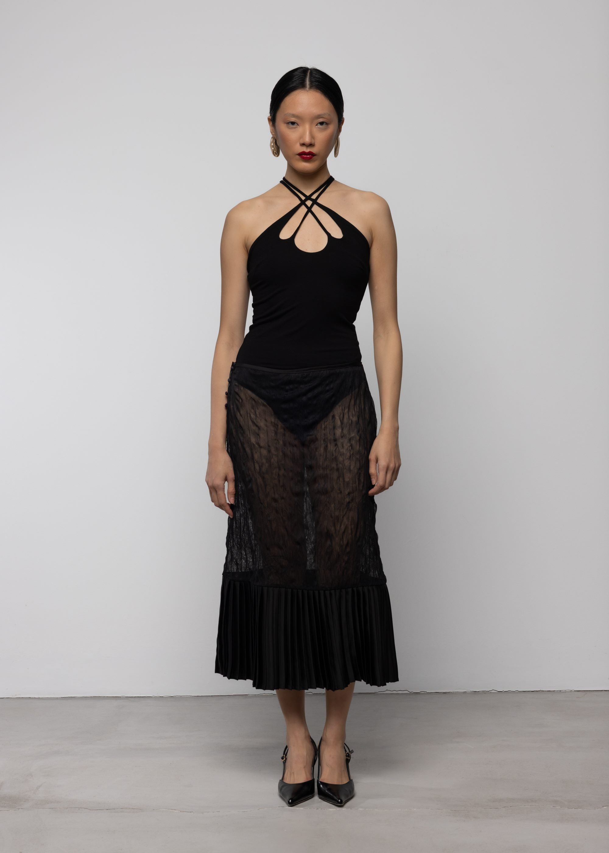 Sheer Crinkle Column Midi Skirt with Pleats