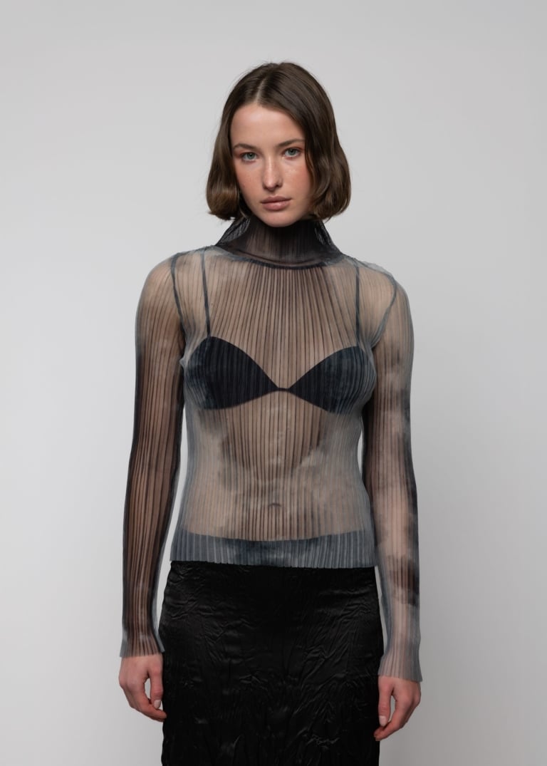 High Neck Mesh Pleated Top