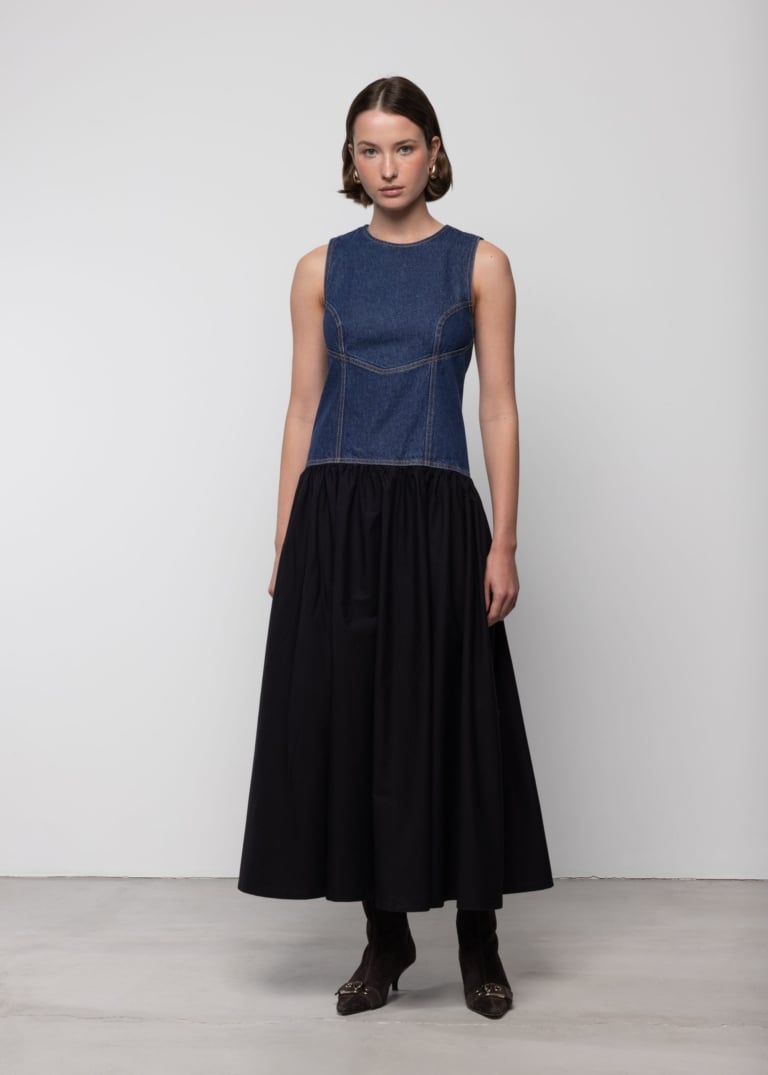 Denim and Poplin Corset Midi Dress