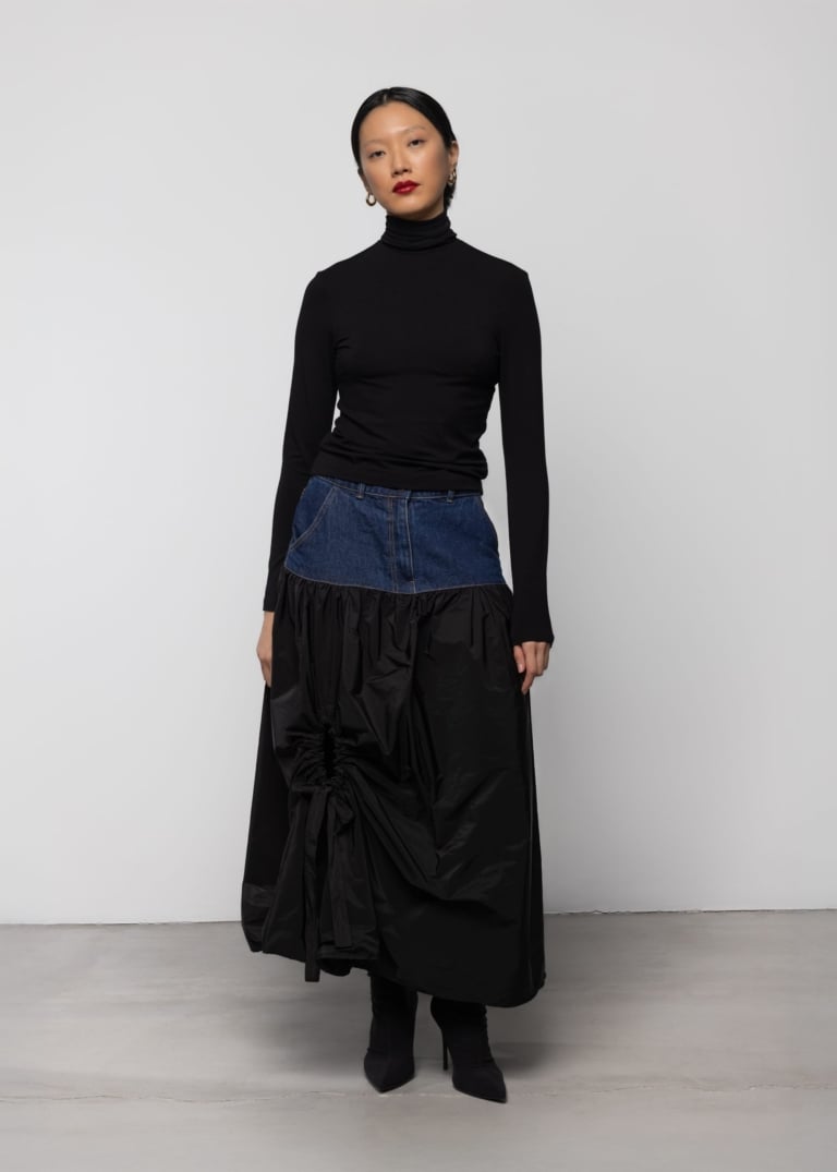 Denim and Taffeta Volume Cut-out Skirt