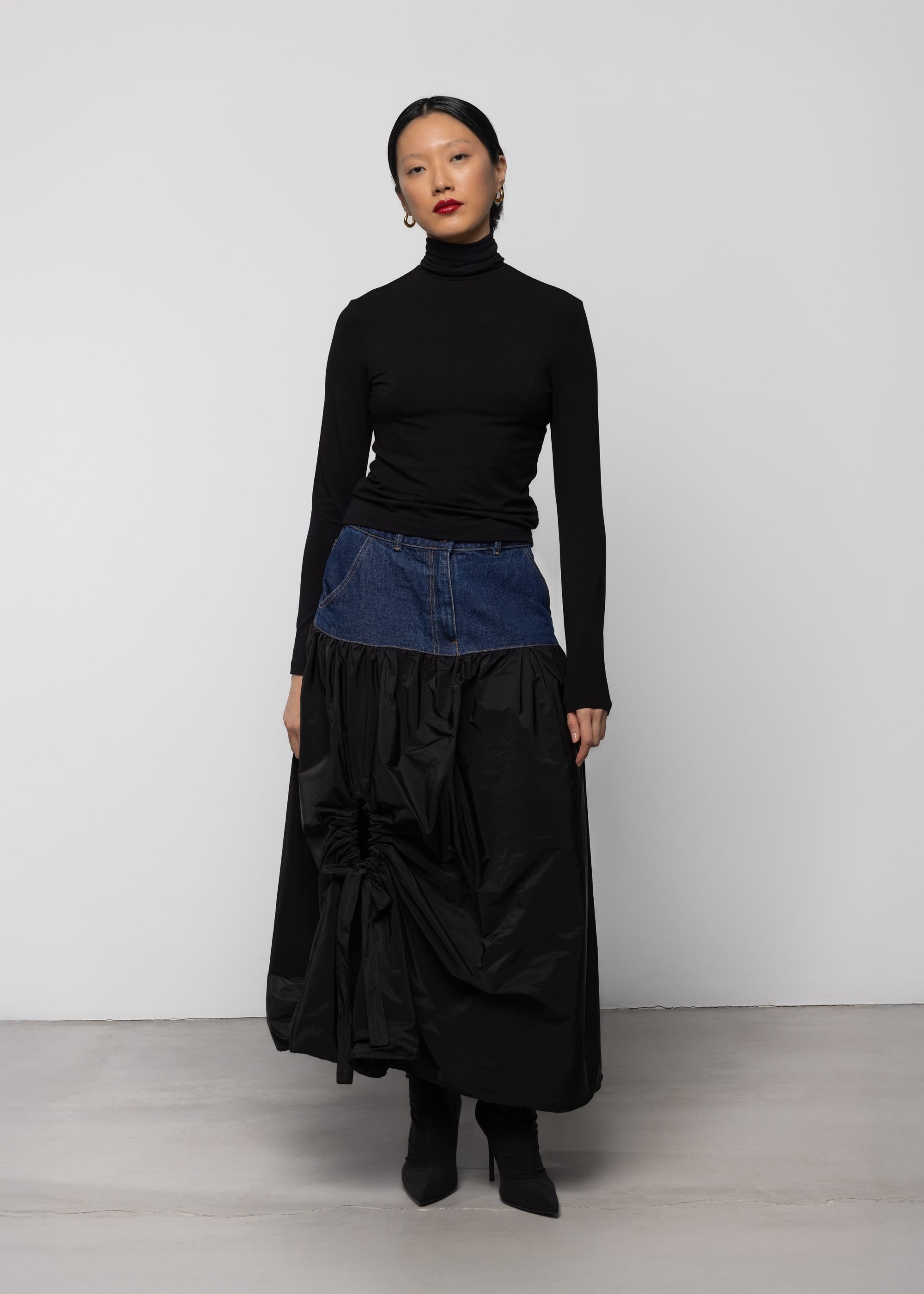 Denim and Taffeta Volume Cut-out Skirt