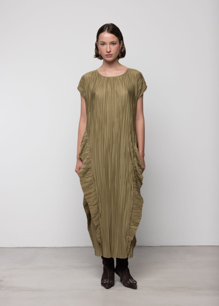 Pleated Column Ruffle Waist Dress