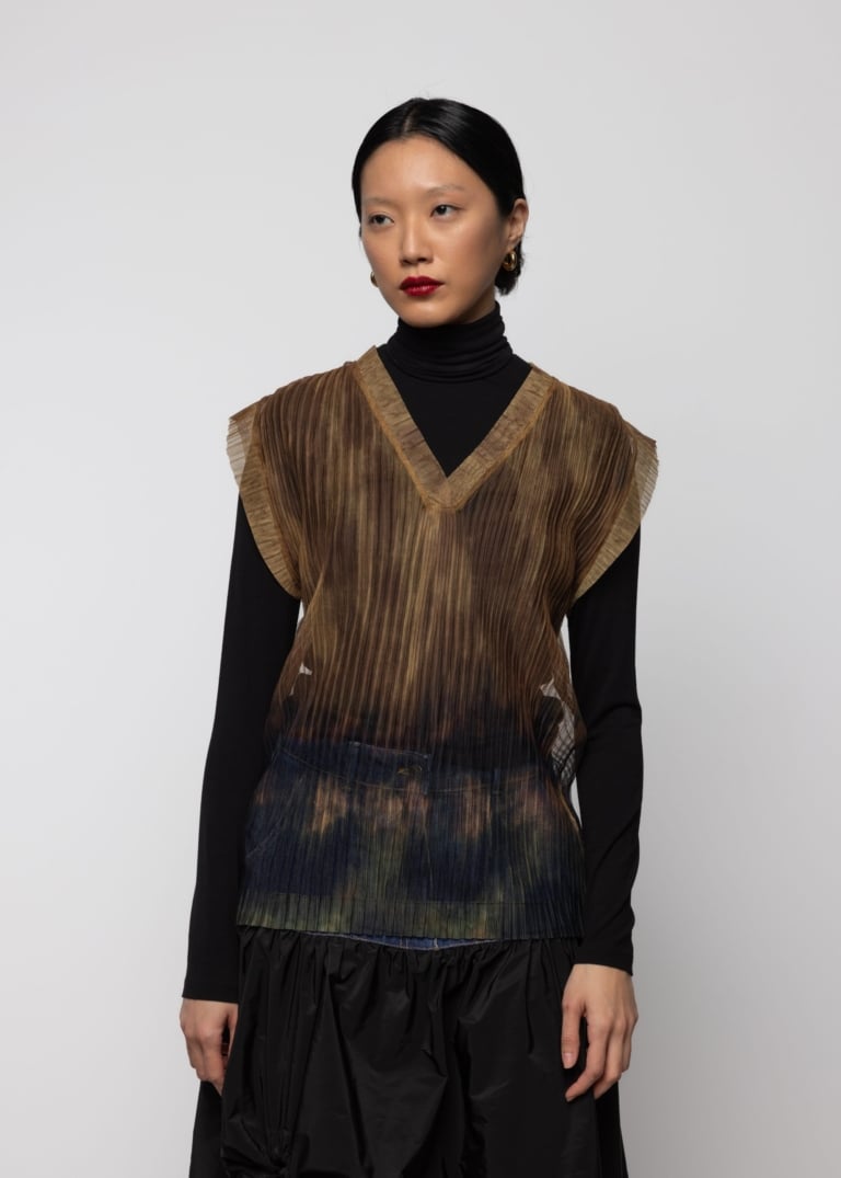 Sheer Pleated V-Neck Vest