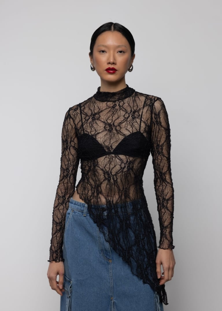 Lace Asymmetric High Neck Top