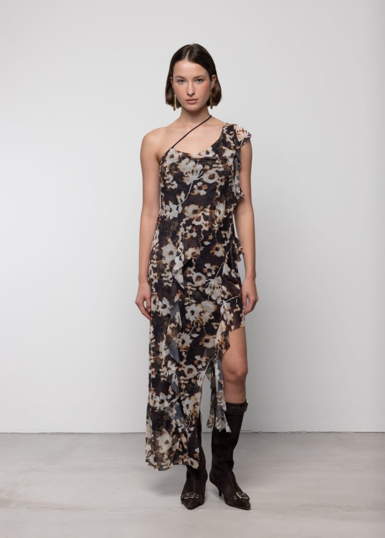 Waterfall Frill Asymmetric Dress