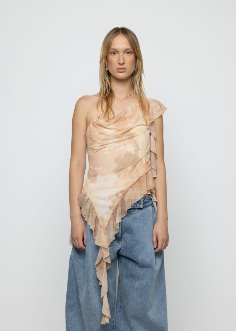 Printed Asymmetric Frill Top