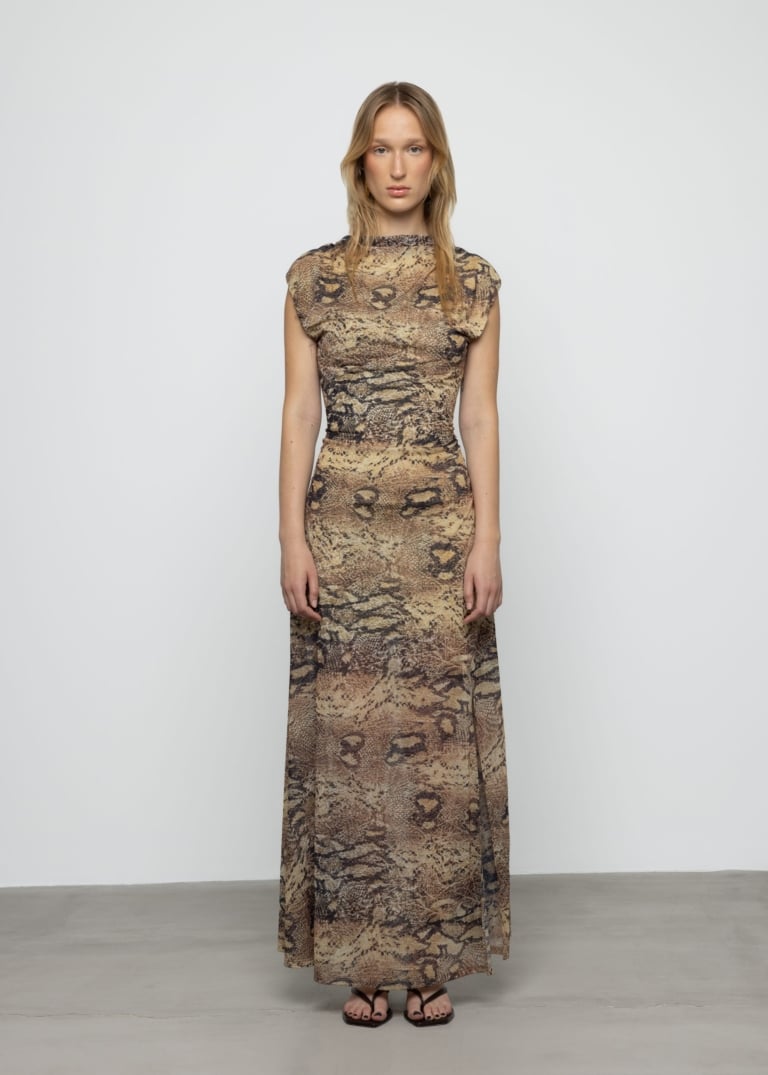 Gathered Snake Print Midi Dress