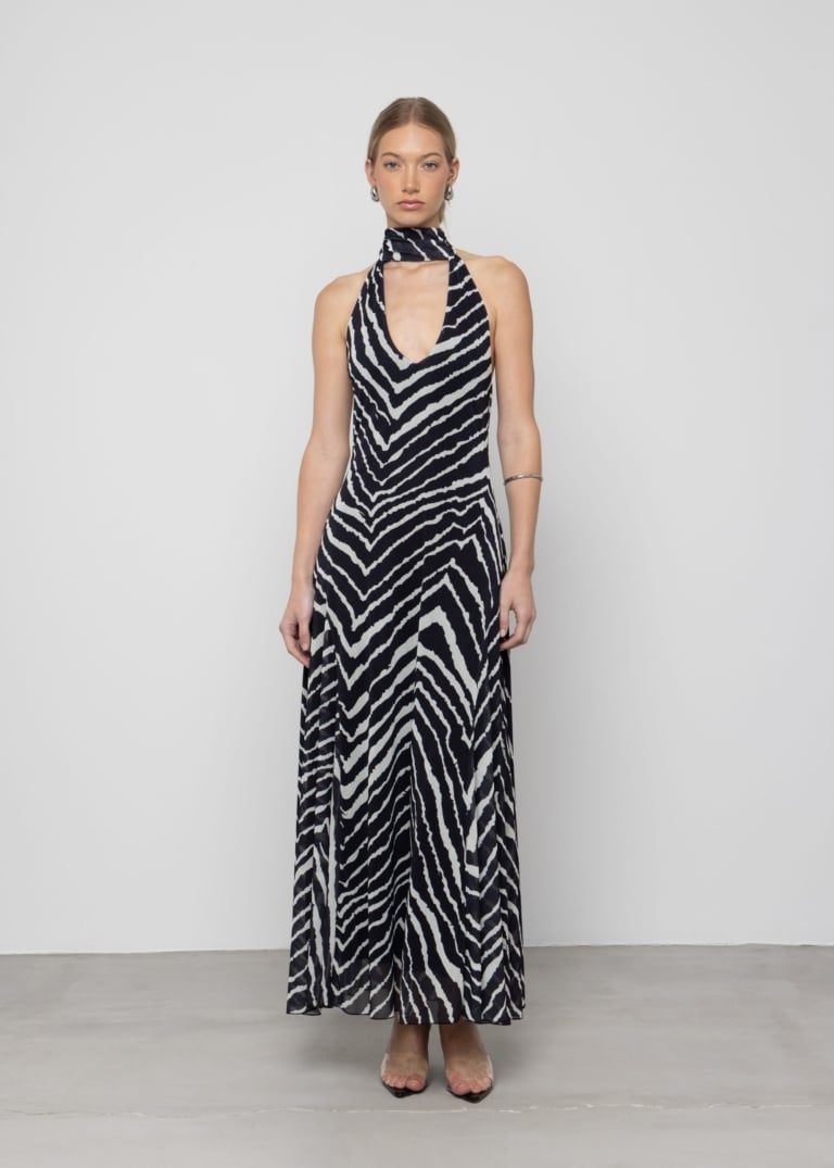 Printed Open-Back Godet Maxi Dress