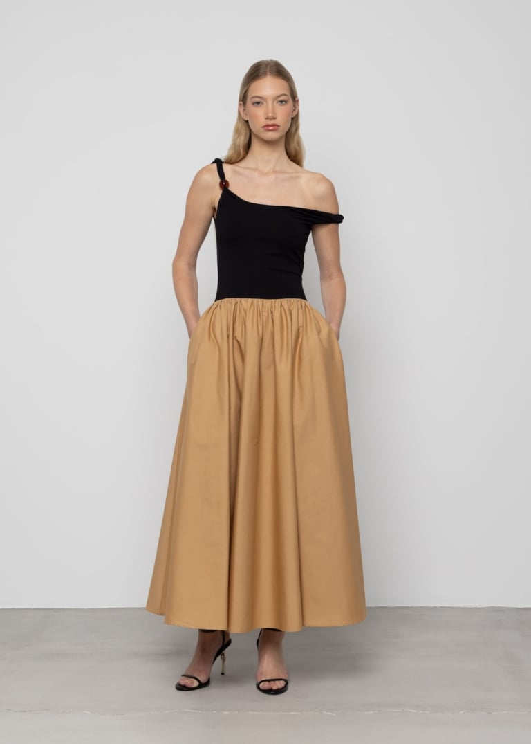 Asymmetric Contrast Maxi Dress with Trim