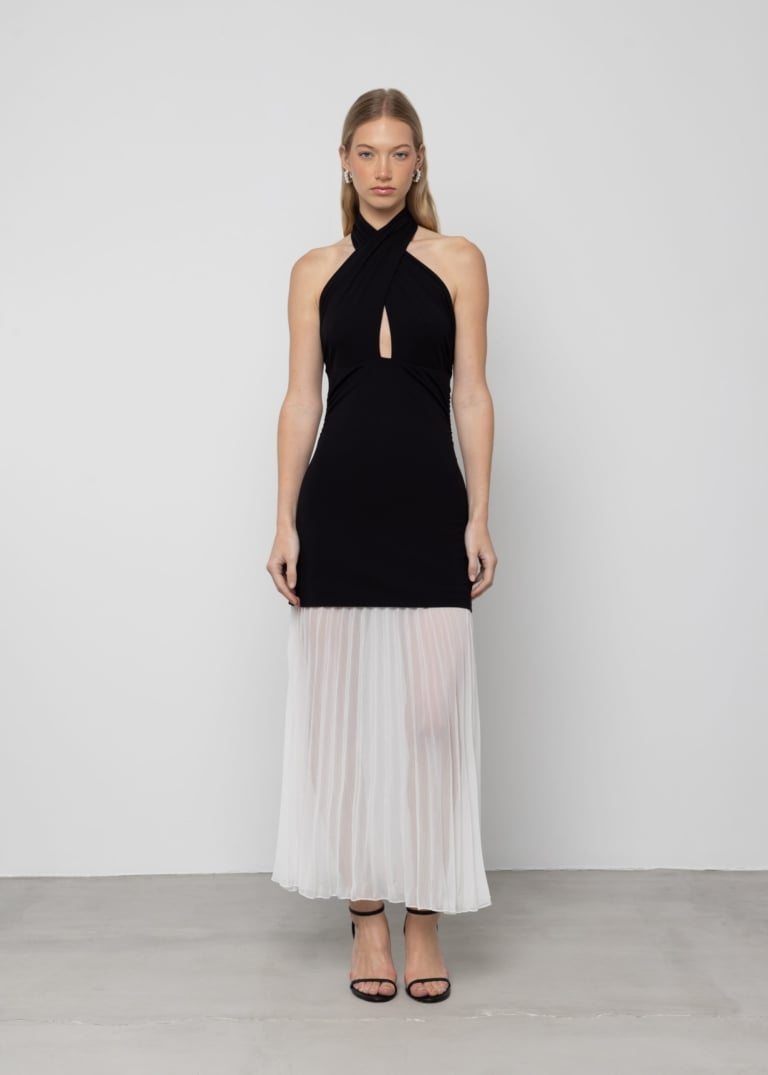 Contrast Halter-Neck Maxi Dress