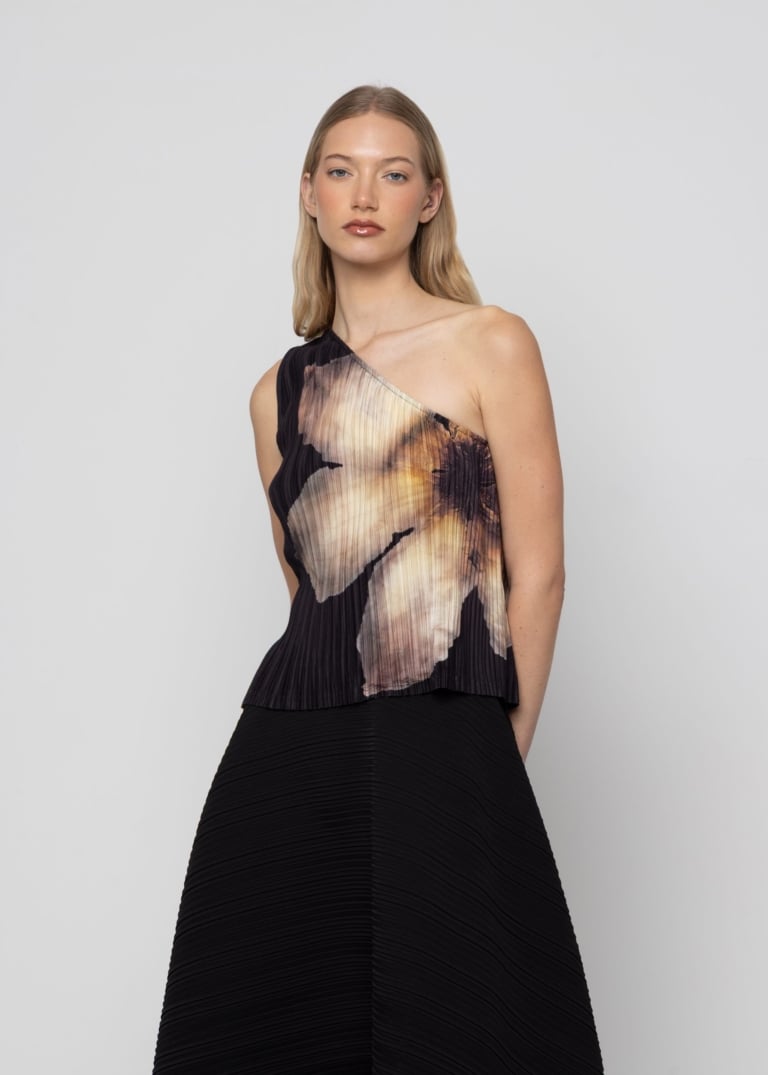 One-Shoulder Pleated Floral Top