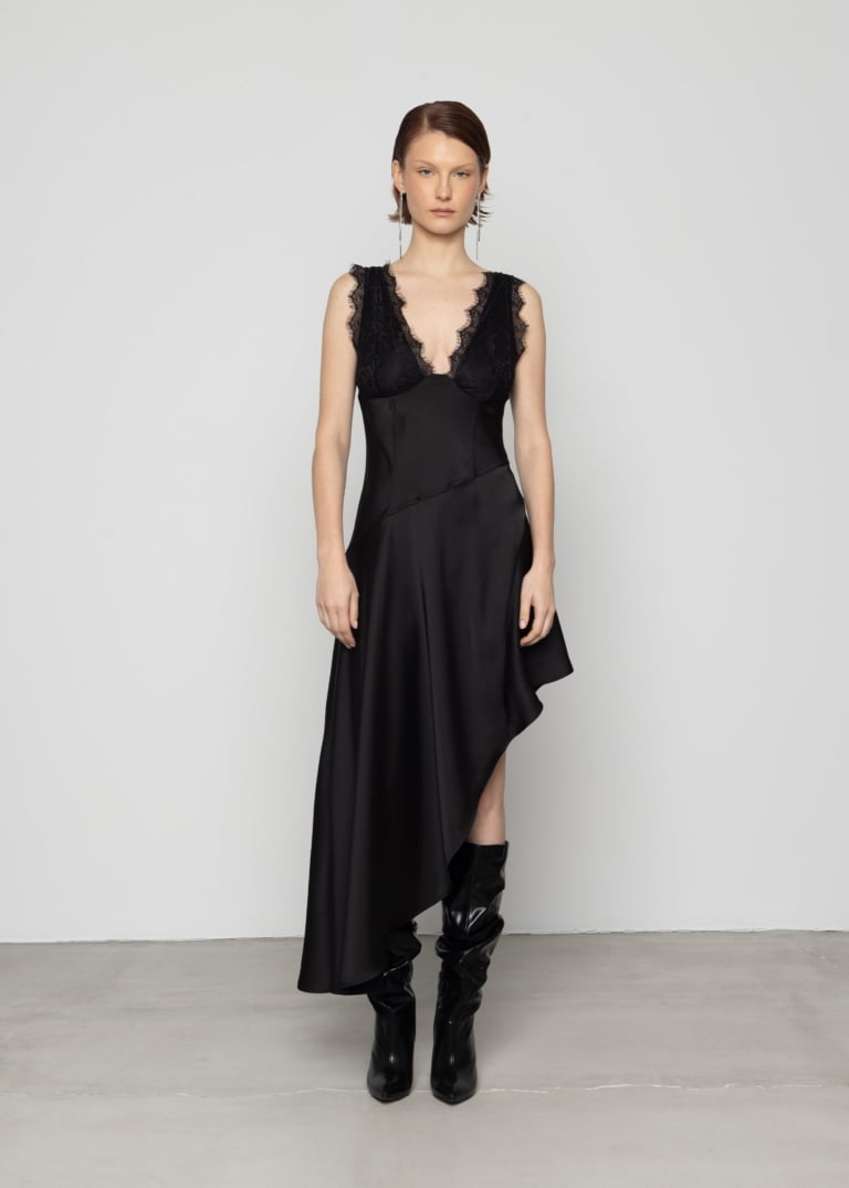 Lace-Bust Asymmetric Maxi Dress