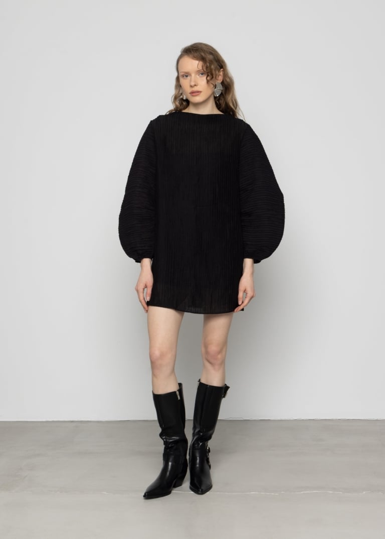 Pleated Balloon Sleeve Mini Dress