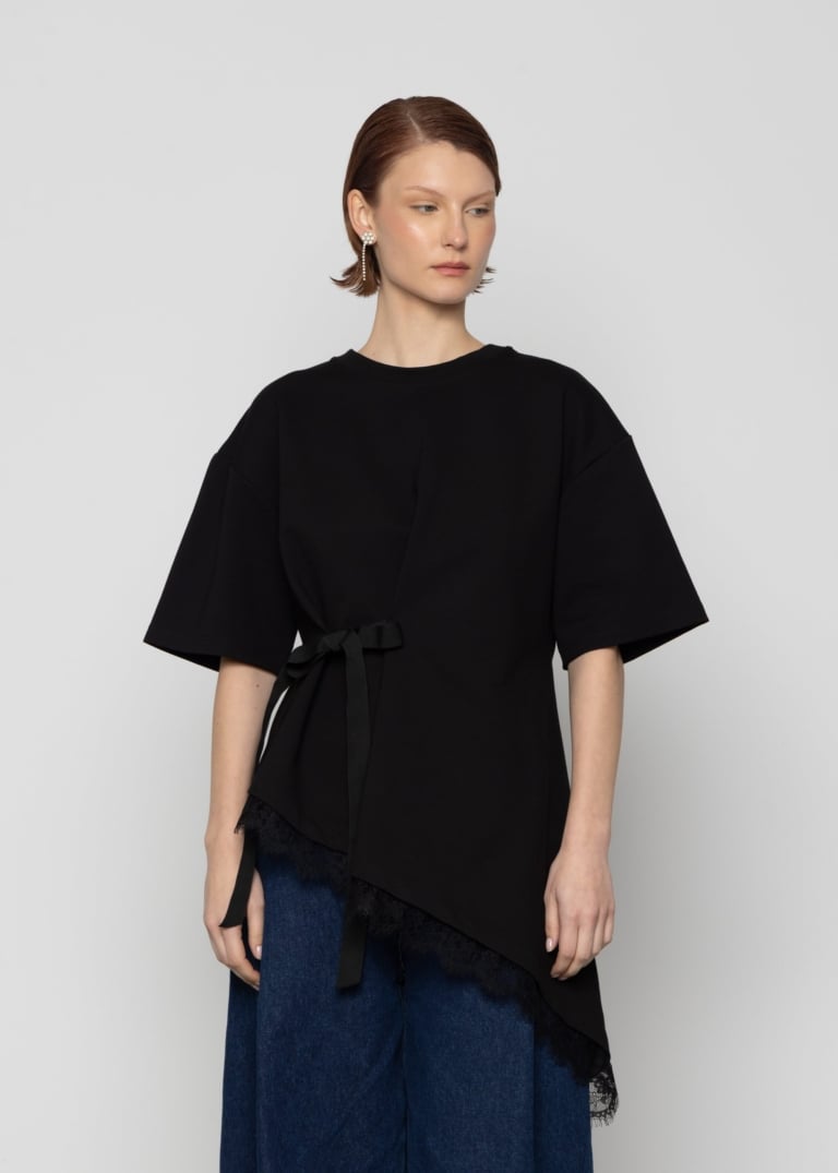 Drawstring Asymmetric Lace-Trim Top
