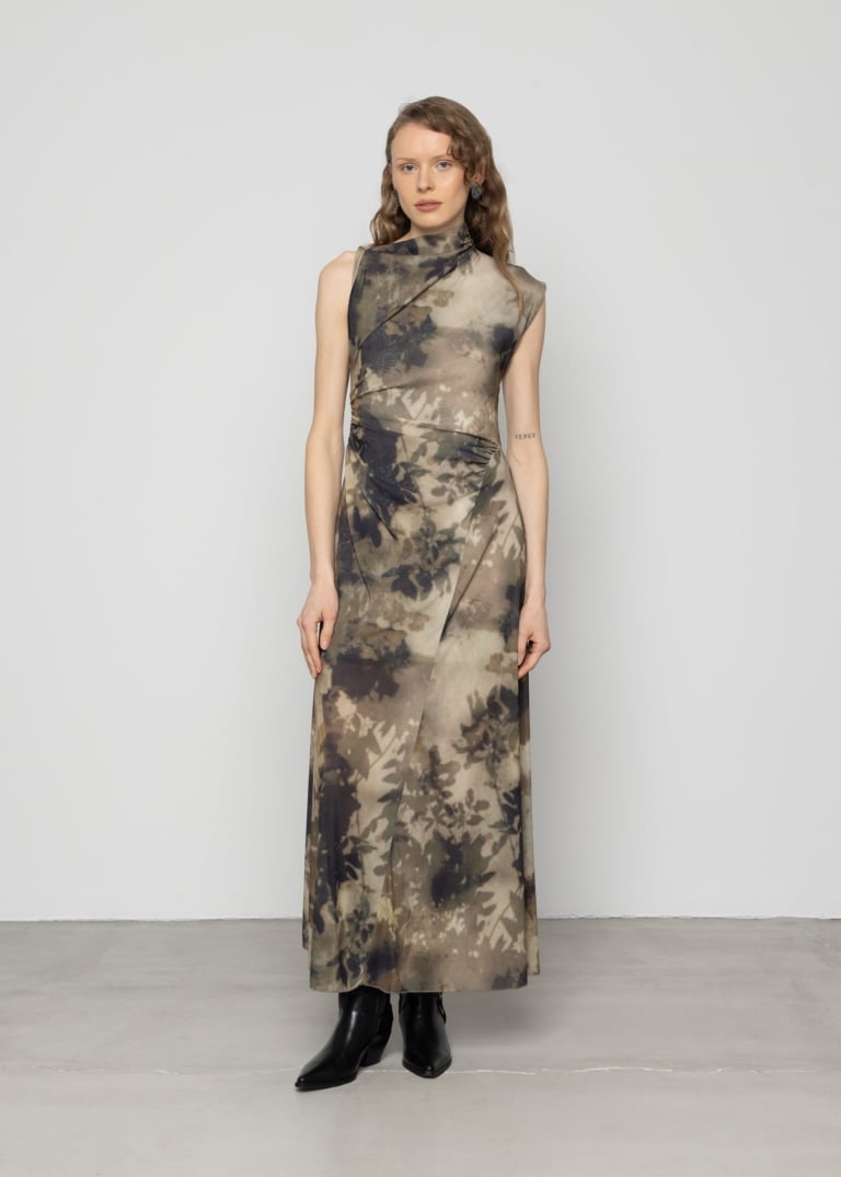 Printed Asymmetric Draped Maxi Dress