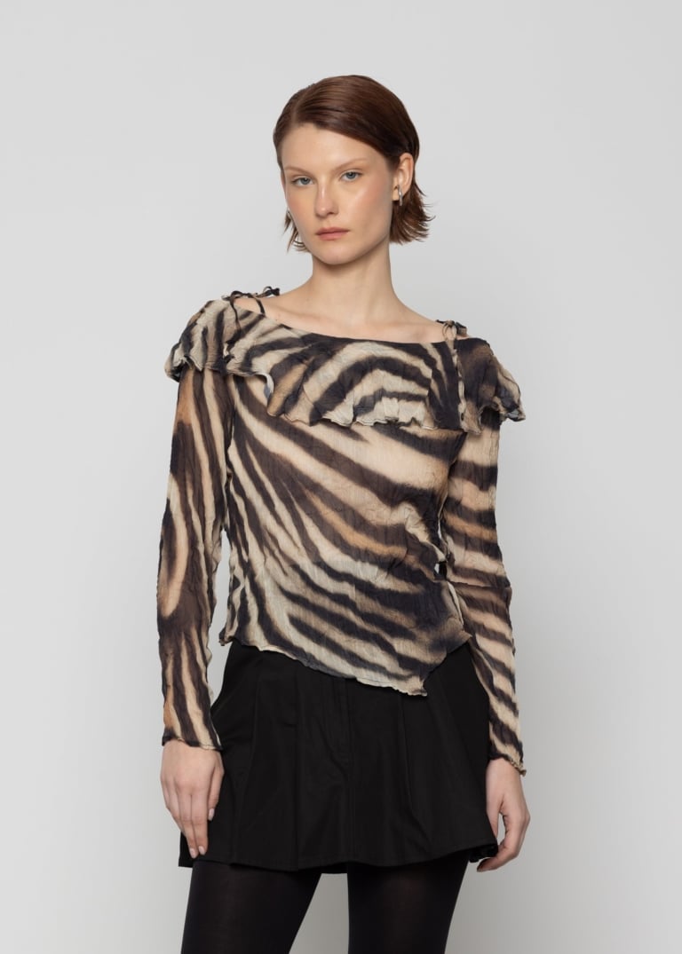 Zebra Printed Ruffle Neck Top