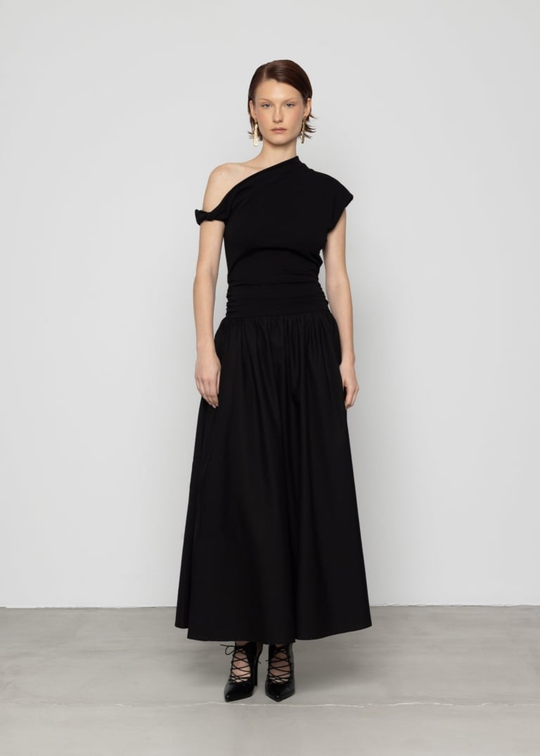 Asymmetric Twist-Sleeve Maxi Dress