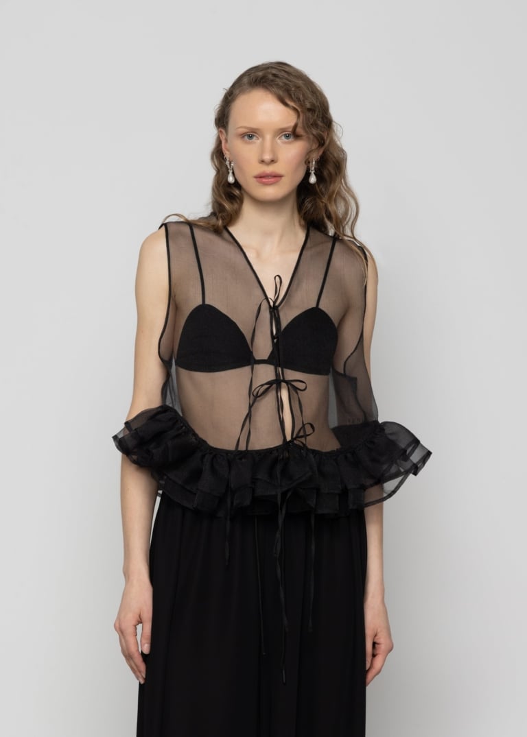 Tie-Front Sheer Organza Peplum Vest