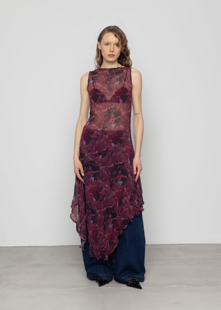 Sheer Crinkled Hanky Hem Dress